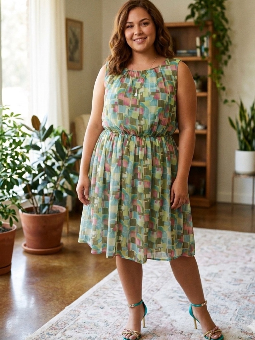 Robbie Bee Signature Pastel Watercolor Print Midi Dress